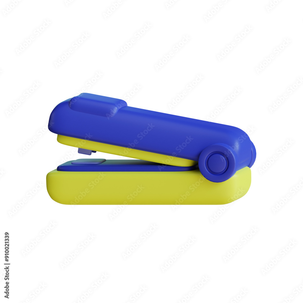 Yellow and blue handheld portable staple less stapler for school, home, or office use on a black background. Yellow and blue handheld portable staple less stapler for school, home, or office use on a black background.