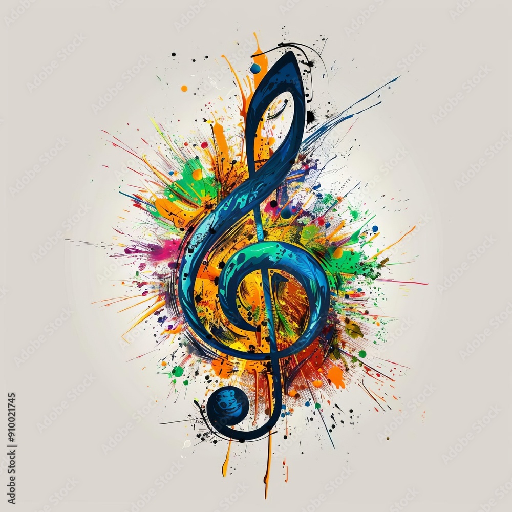 Fototapeta premium Grunge vector background with abstract treble clef shape and scattered musical notes as decorative melody element