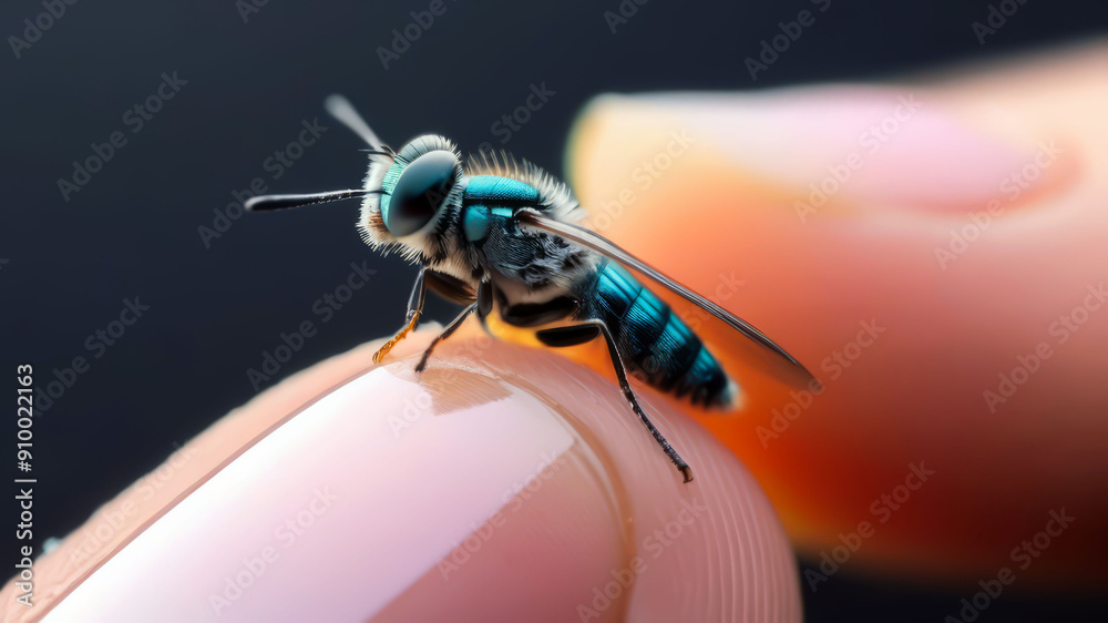 Naklejka premium Microcosm at the tip of your finger. Blue fly. Generated by AI. 