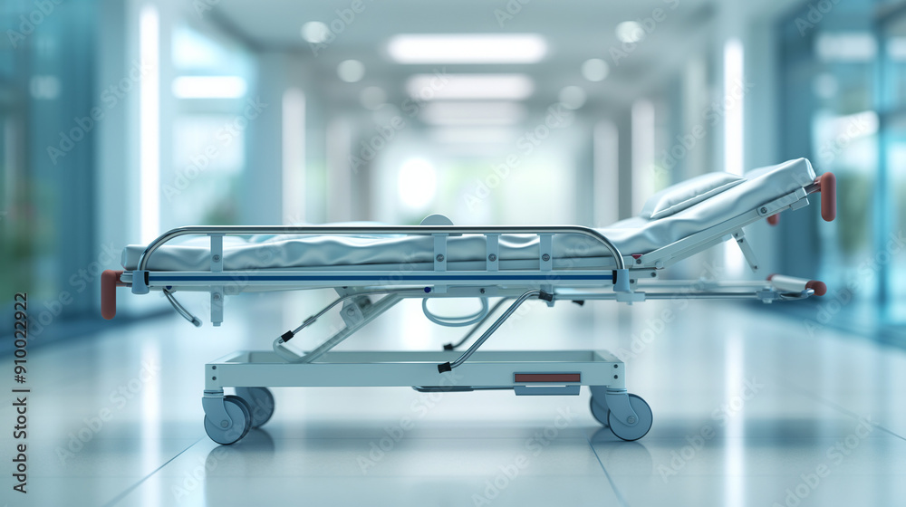 Fototapeta premium Medical gurney in an empty hospital hallway with blurred background, symbolizing healthcare, emergency, and patient care during a crisis