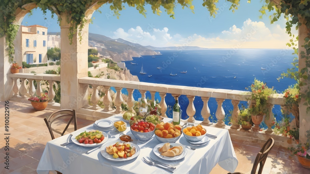 Obraz premium lunch on the terrace overlooking the Mediterranean Sea