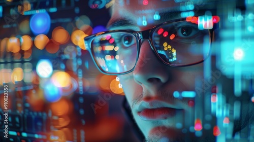 Young Man with Glasses Analyzing Data on a Digital Screen