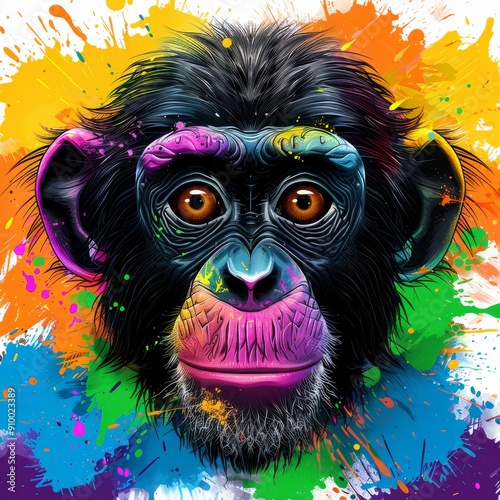 Chimpanzee in a Splash of Color: A vibrant and playful portrait of a chimpanzee's face, adorned with a rainbow of colorful paint splatters, evokes a sense of whimsy and artistic expression.  The monke photo