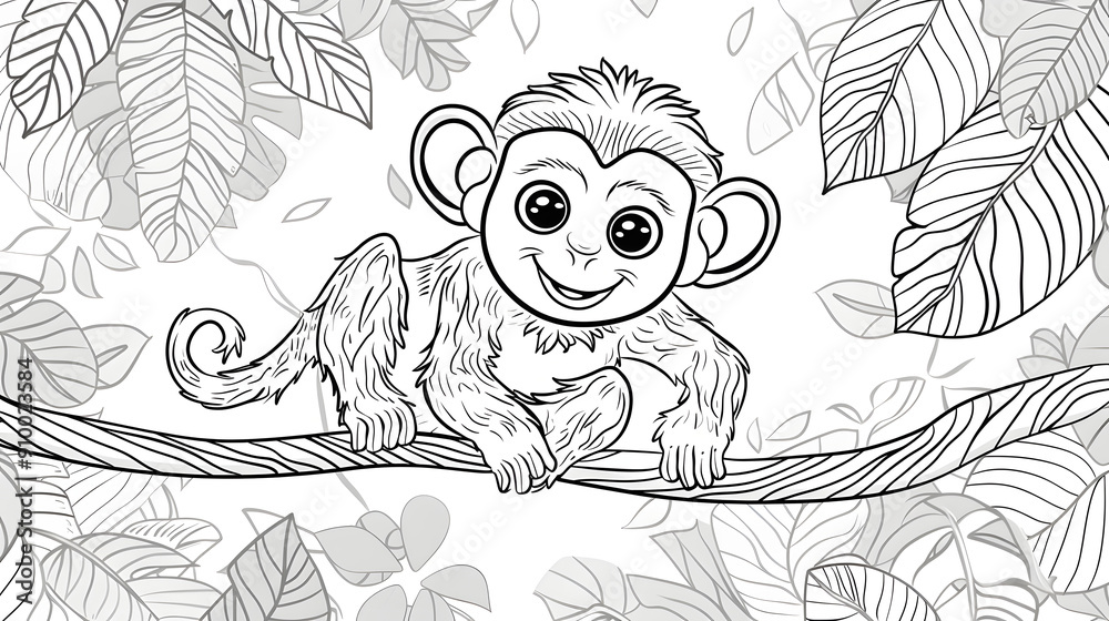 Fototapeta premium A black and white coloring page illustration of a smiling baby monkey hanging on a tree branch in the jungle, surrounded by leaves.