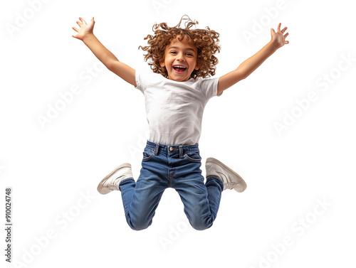 Joyful young child jumping high with excitement in bright indoor setting photo