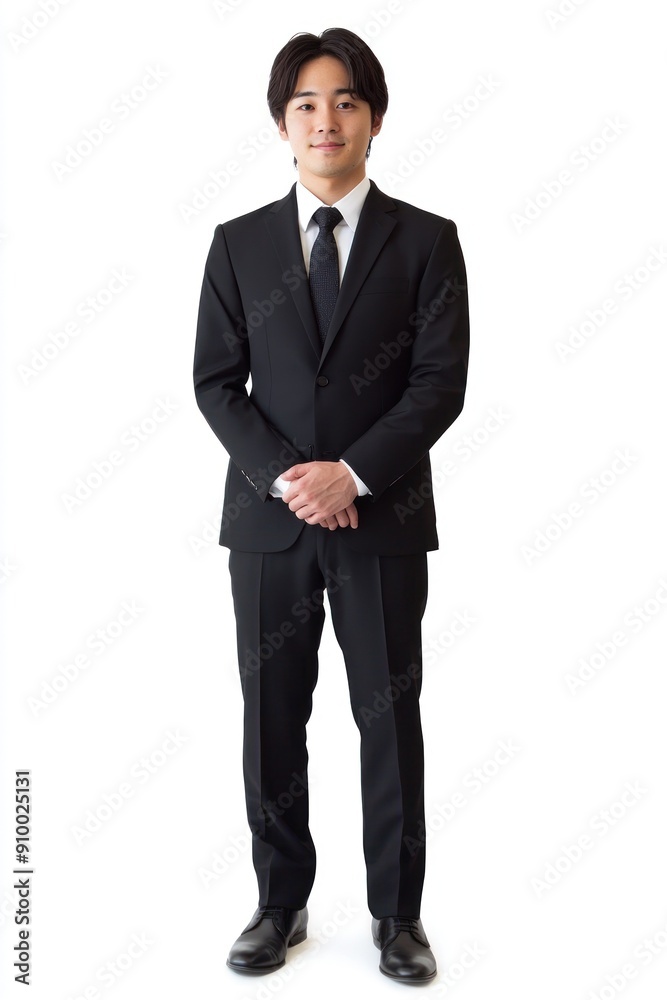 Full-body image of man in black suit, white background Full-body image of man in black suit, white background