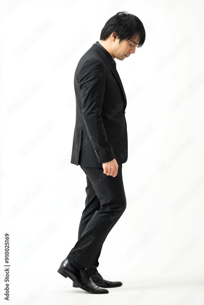Man in black suit walking forward with downward gaze. Man in black suit walking forward with downward gaze.