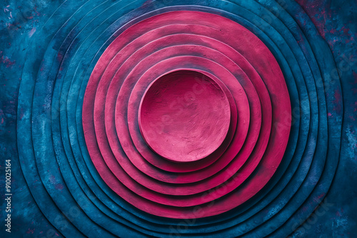 Abstract painting of a blue and pink circular pattern