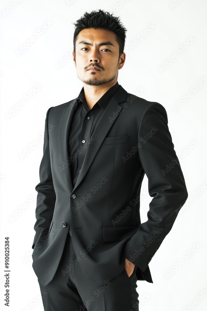 Fototapeta premium Bearded man in black suit standing against white backdrop