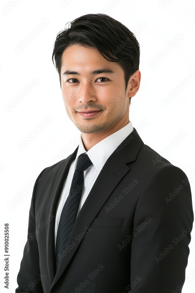 Cheerful young man in black suit smiling confidently Cheerful young man in black suit smiling confidently