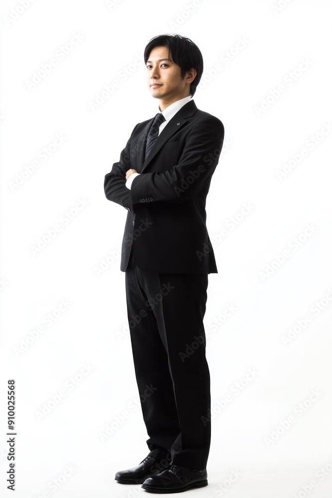 Man in suit standing with arms crossed confidently. Man in suit standing with arms crossed confidently.