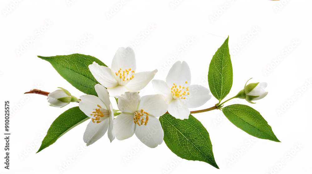Fototapeta premium Jasmine flowers with green leaves isolated on a white background. isolated 