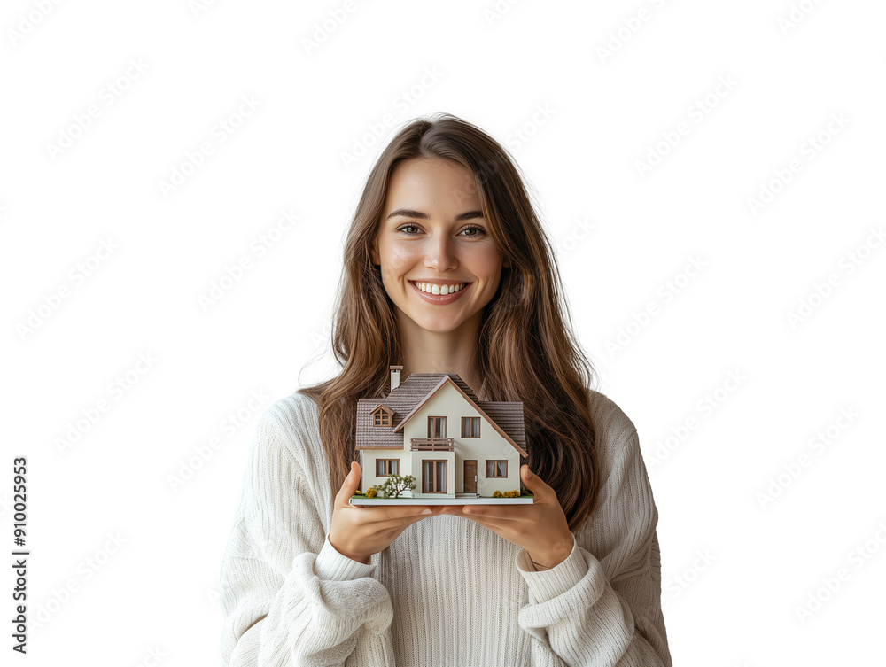 Woman smiling while holding a small house model. Woman smiling while holding a small house model.