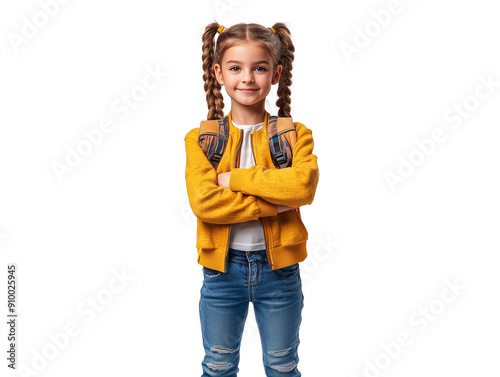 Young girl with braided hair and backpack posing confidently in casual attire against plain background. School concept.