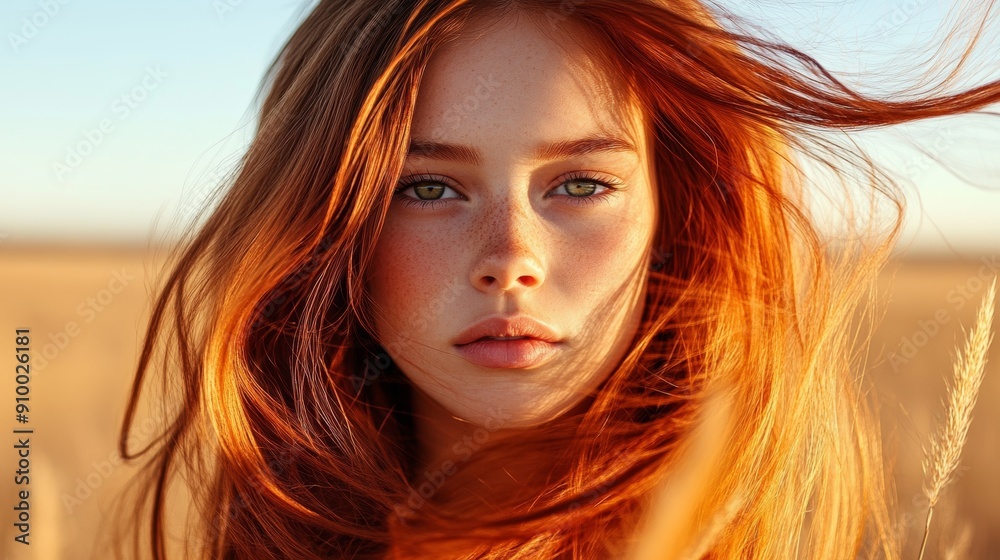 A young woman with long red hair looks directly at the camera with a serious expression. The wind blows her hair around her face. A young woman with long red hair looks directly at the camera with a serious expression. The wind blows her hair around her face.