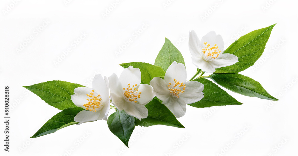 Obraz premium Jasmine flowers with green leaves isolated on a white background. isolated 
