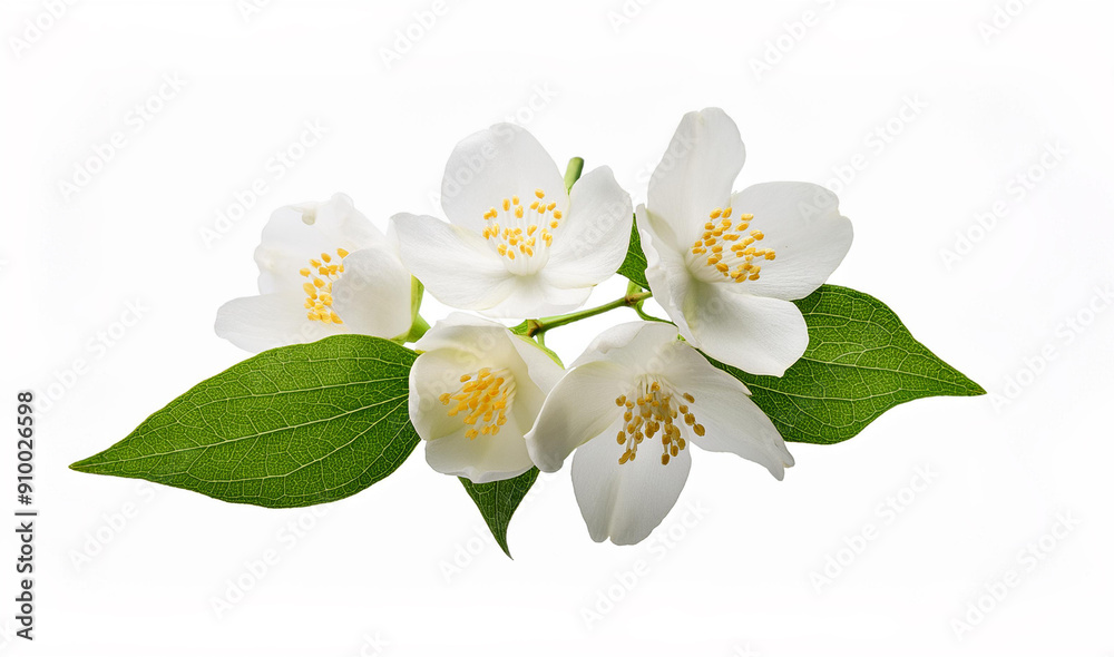 Obraz premium Jasmine flowers with green leaves isolated on a white background. isolated