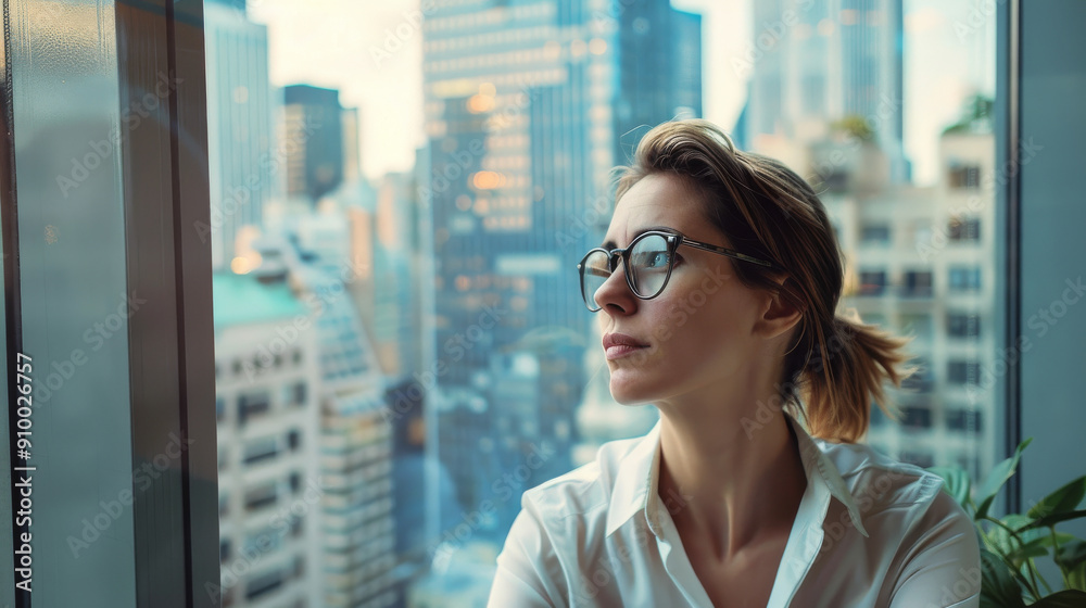 Reflective in the city, a thoughtful woman gazes out a skyscraper window, immersed in the urban skyline. Reflective in the city, a thoughtful woman gazes out a skyscraper window, immersed in the urban skyline.