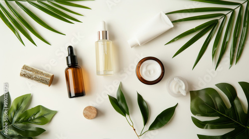 A flat lay of skincare products in glass and minimalist packaging placed on a white surface, surrounded by tropical leaves, embodying natural beauty and freshness.