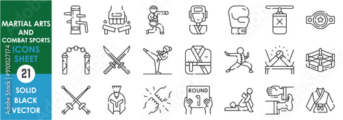 A set of line icons related to Martial Arts and Combat Sports. Karate, taekwondo, judo, belt, cloth, boxing, wrestling, kung fu and so on. Vector outline icons set.