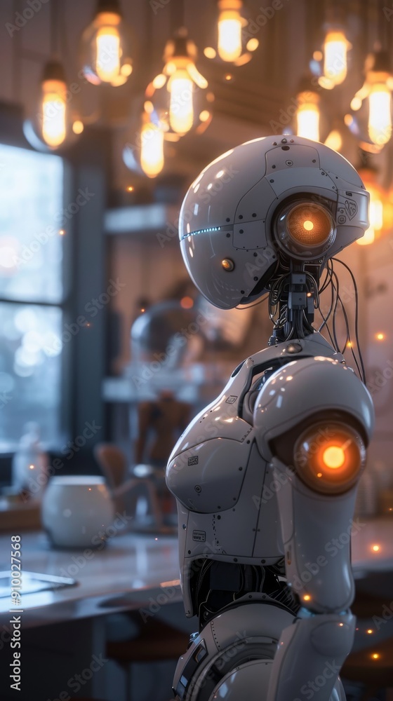 Futuristic Robot in Modern Kitchen with Warm Lighting and Advanced Technology