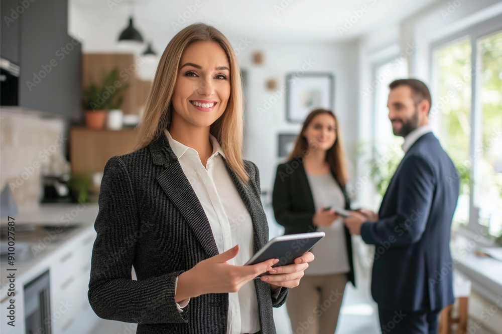 Smiling businesswoman holding a tablet, standing confidently in a modern office space with colleagues discussing in the background. The image represents leadership, teamwork Smiling businesswoman holding a tablet, standing confidently in a modern office space with colleagues discussing in the background. The image represents leadership, teamwork