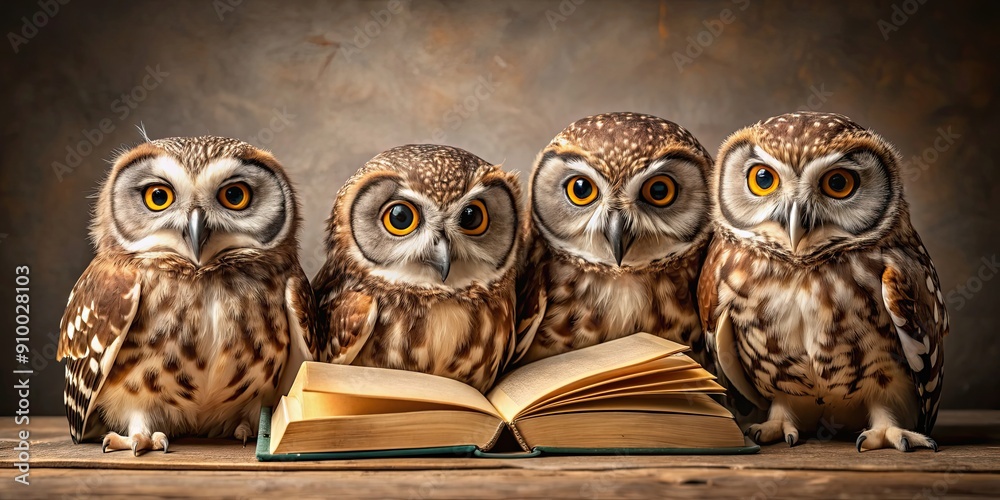 A group of wise looking owls studying together in a cozy setting , owls, study session, wise, education, learning, academic A group of wise looking owls studying together in a cozy setting , owls, study session, wise, education, learning, academic