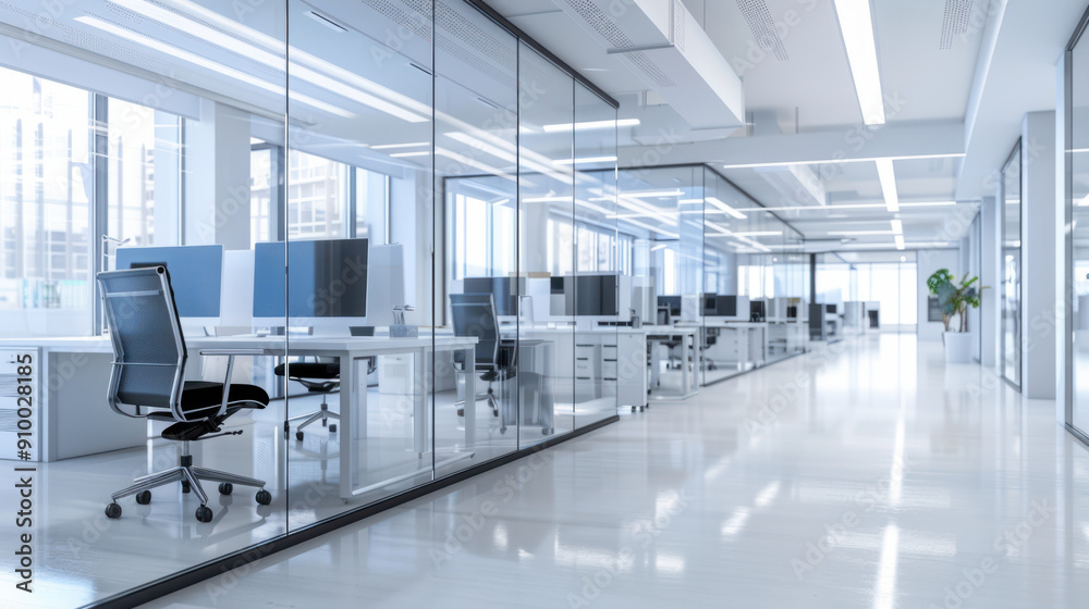 Modern office, Spacious modern office with glass divisions, completely empty, featuring designer desks, sleek office chairs, and a large presentation screen, all illuminated by Modern office, Spacious modern office with glass divisions, completely empty, featuring designer desks, sleek office chairs, and a large presentation screen, all illuminated by