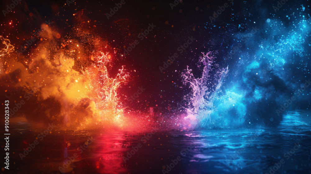 Versus background, The image depicts a dramatic encounter of two neon light elements crashing together, releasing a cascade of bright colors against a dark void. The vibrant splash Versus background, The image depicts a dramatic encounter of two neon light elements crashing together, releasing a cascade of bright colors against a dark void. The vibrant splash