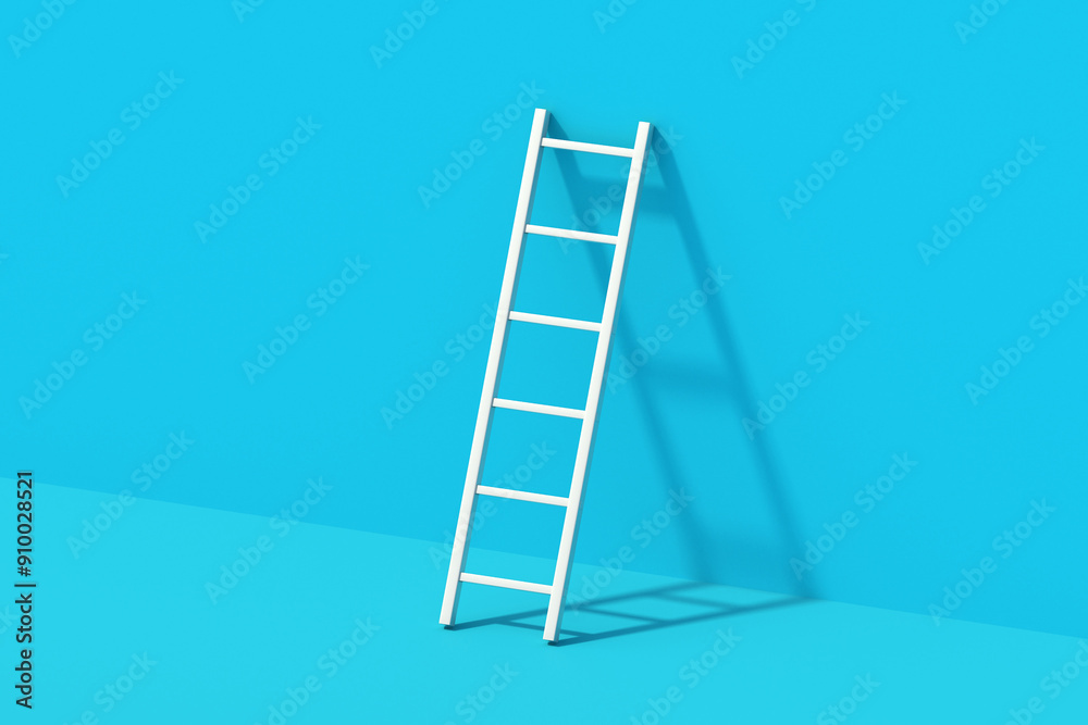 Ladder with hard shadow near blue wall. Construction equipment. Tool for repair. 3d render