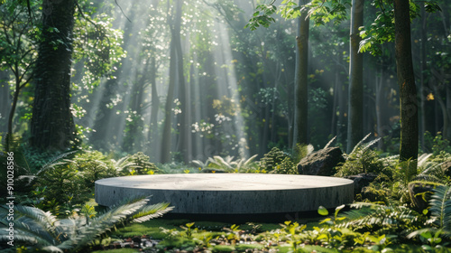 Podium mockup, A blank mockup podium stands prominently in a lush forest clearing, surrounded by tall trees and vibrant greenery. Sunlight filters through the leaves, creating a