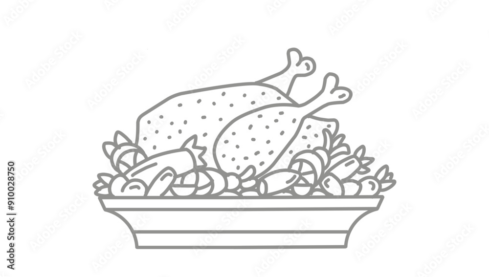 Oven Roasted Turkey in Pan with fresh Vegetable Concept, Thanksgiving Day dinner Vector line Design, Harvest festival Symbol, Secular holiday Sign, Religious and cultural traditions Stock Illustration Oven Roasted Turkey in Pan with fresh Vegetable Concept, Thanksgiving Day dinner Vector line Design, Harvest festival Symbol, Secular holiday Sign, Religious and cultural traditions Stock Illustration