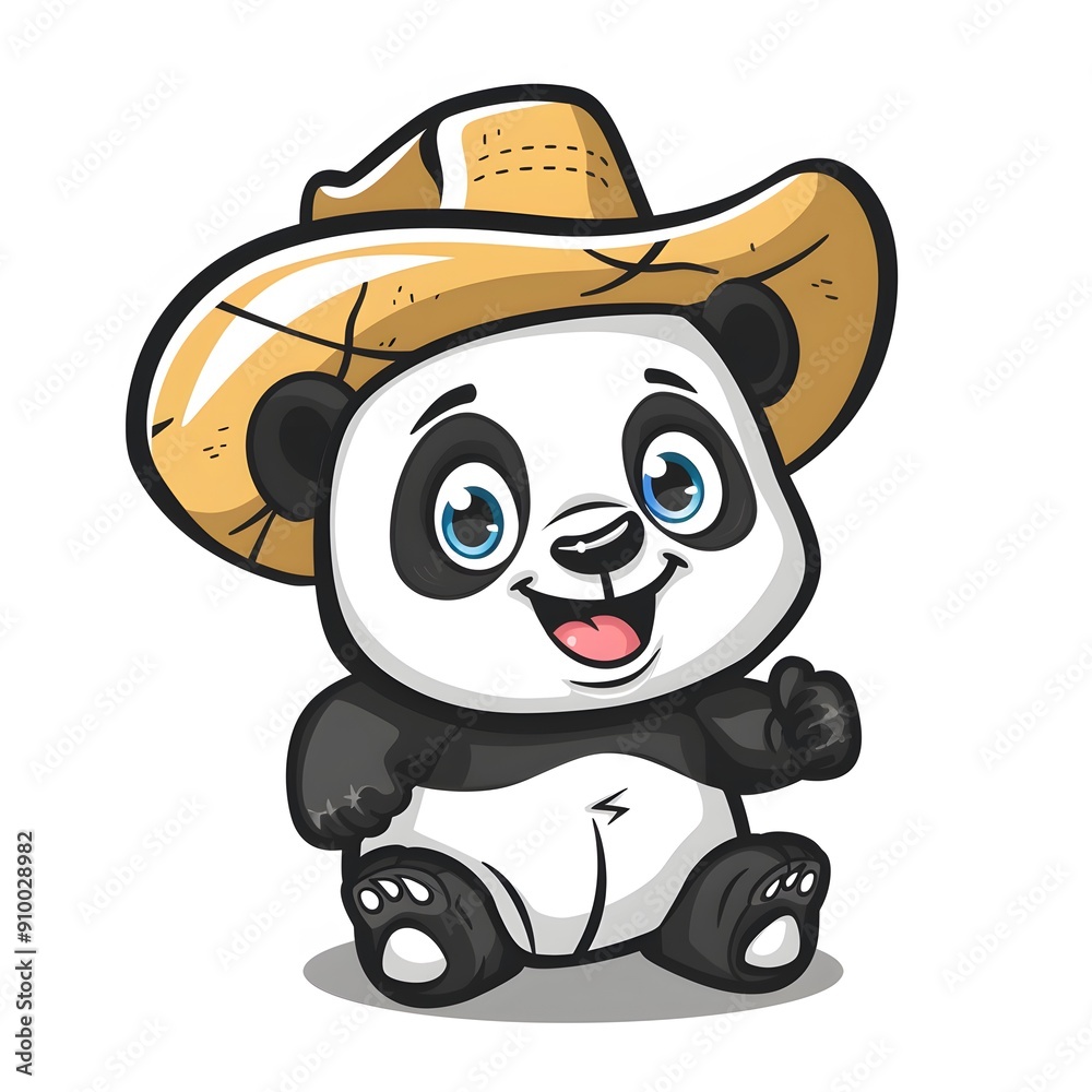 Naklejka premium Cartoon panda wearing a cowboy hat, looking adorable and playful.