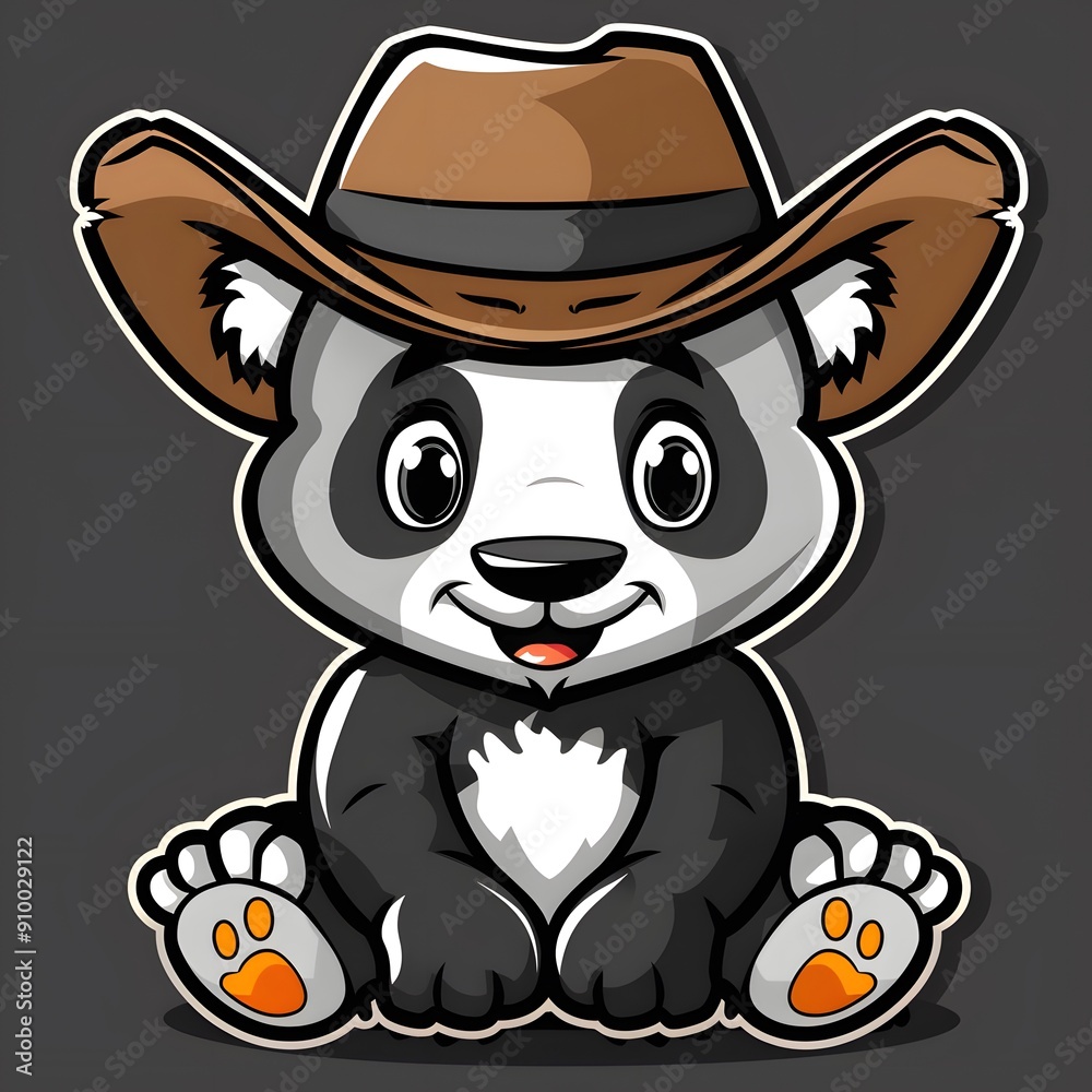 Naklejka premium Cartoon panda wearing a cowboy hat, looking adorable and playful.
