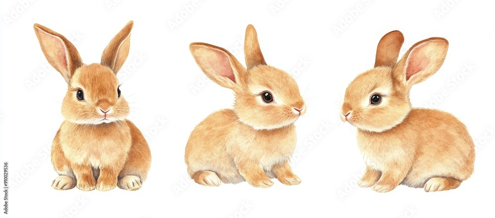 Isolated on white background, three watercolour paintings of cute brown rabbits Isolated on white background, three watercolour paintings of cute brown rabbits