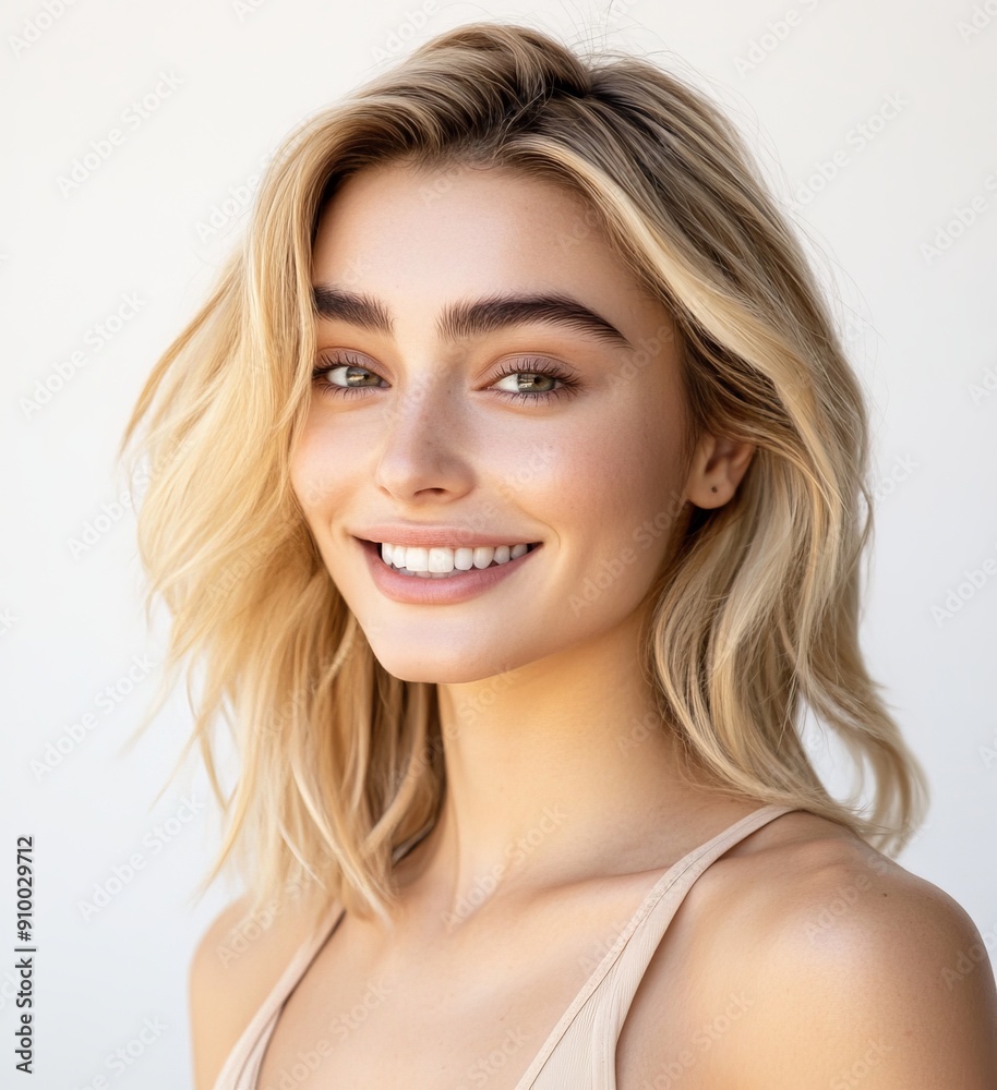 As transparent PNG, a pretty smiling blonde model is isolated on a white background As transparent PNG, a pretty smiling blonde model is isolated on a white background