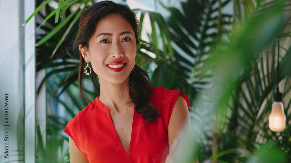 A woman in a vibrant red dress smiles confidently, surrounded by lush green plants, evoking freshness and positivity.