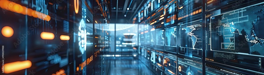 Futuristic digital hallway with high-tech screens displaying data and analytics in a modern environment. Futuristic digital hallway with high-tech screens displaying data and analytics in a modern environment.