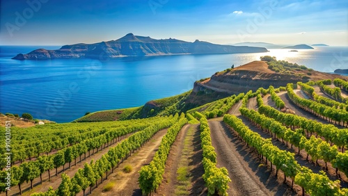 Picturesque vineyards overlooking the blue Aegean Sea on the island of Santorini, Santorini, vineyard, Greece photo