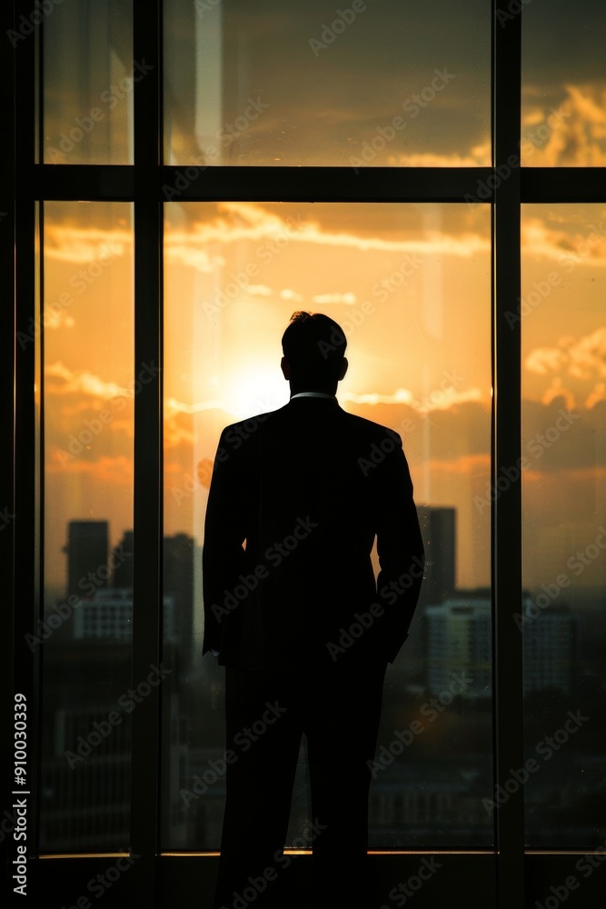 Silhouette of a businessman in front of a window.
