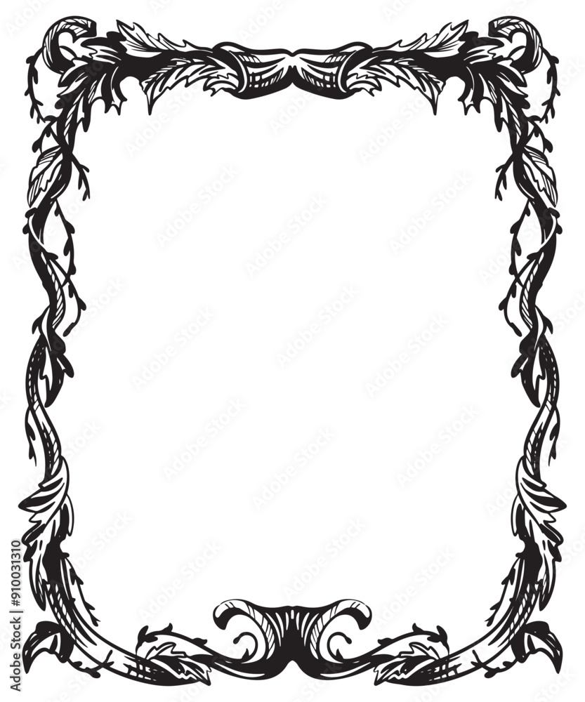Fototapeta premium Frame border ornament. Book element, vintage ornate classic baroque pattern. Elegant label in the form of vintage filigree plant shapes. Vector empty wedding frame.