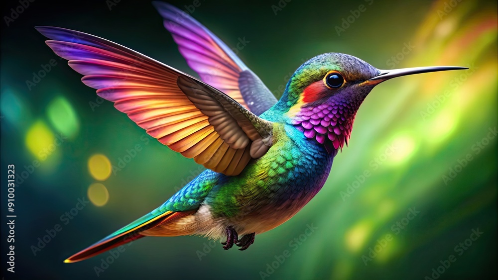 Obraz premium Realistic and colorful of a hyperrealistic hummingbird created through generative technology
