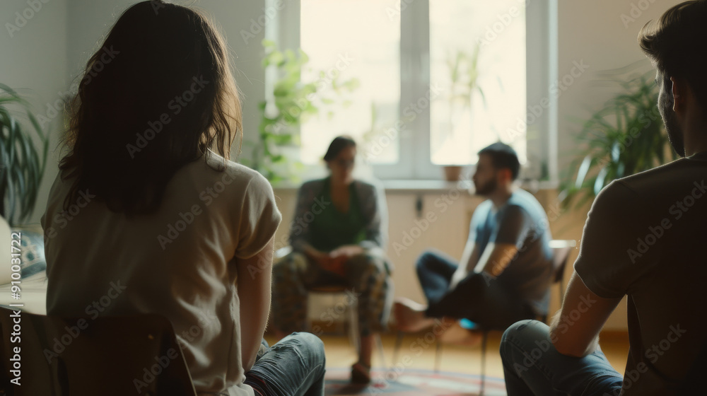 Fototapeta premium A cozy gathering at home as a small group of friends engage in intimate conversation near a sunlit window.