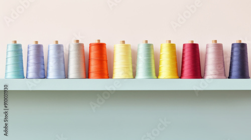 A row of colorful spools of thread neatly arranged on a shelf against a pastel wall, showcasing a spectrum of fabrics and hues. photo