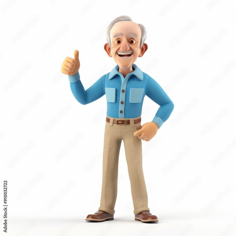 Beaming cartoon character elderly man in a blue shirt and beige pants showing a thumbs-up gesture in 3D style on a white background. Beaming cartoon character elderly man in a blue shirt and beige pants showing a thumbs-up gesture in 3D style on a white background.