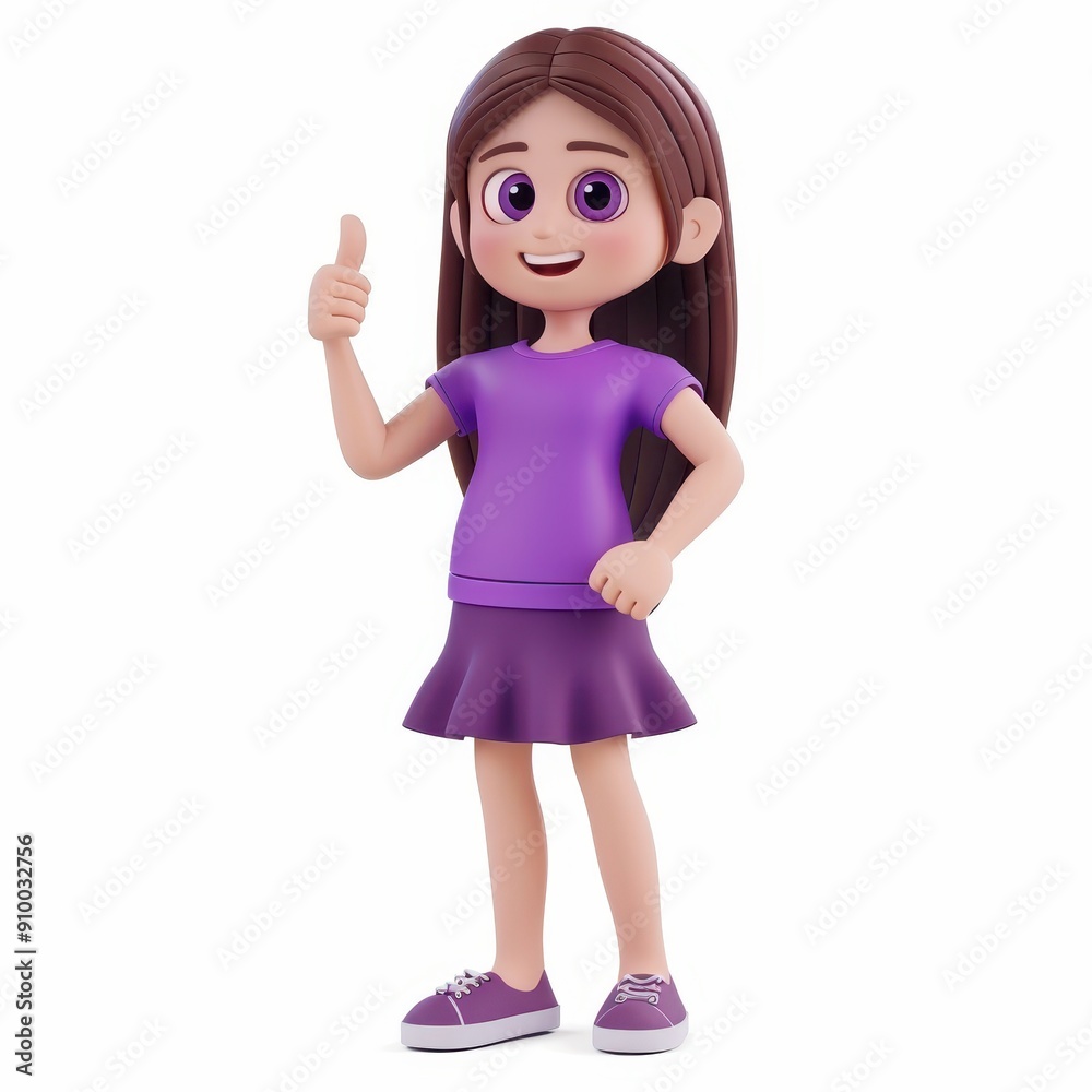 Cheerful cartoon character young girl with long hair in a purple t-shirt and skirt showing a thumbs-up gesture in 3D style on a white background. Cheerful cartoon character young girl with long hair in a purple t-shirt and skirt showing a thumbs-up gesture in 3D style on a white background.