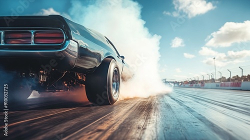 A powerful muscle car releases tire smoke while racing down a drag strip with a clear blue sky in the background.