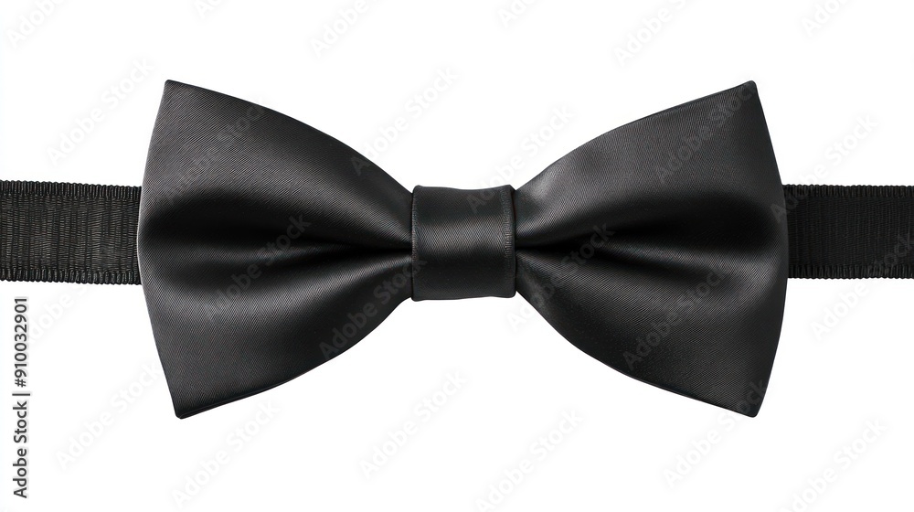 Neatly tied black bow tie with satin shine on white surface Neatly tied black bow tie with satin shine on white surface