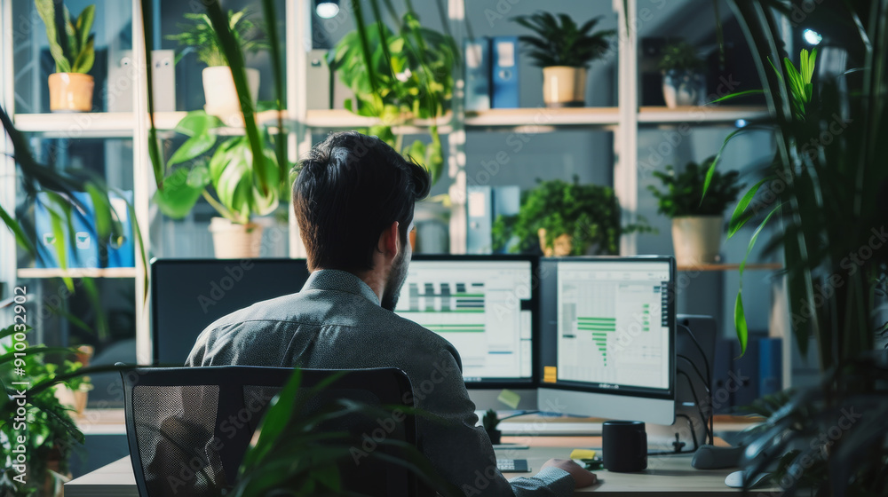 A person is diligently working at a dual-monitor setup in a green-filled office space, creating a serene yet productive environment. A person is diligently working at a dual-monitor setup in a green-filled office space, creating a serene yet productive environment.