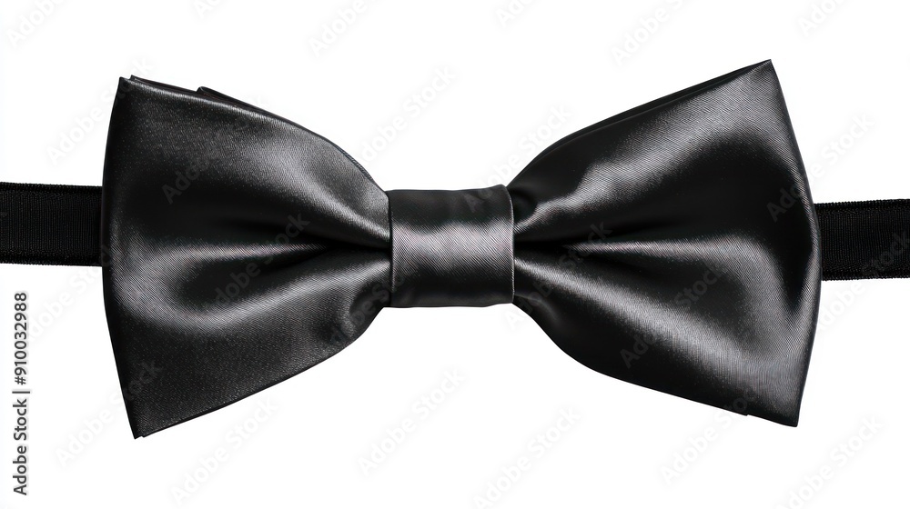 Glossy black satin bow tie with band on white flat view